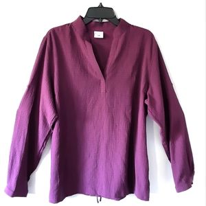Columbia XL Womens Red Ribbed V Neck Long Sleeve Pull Over Shirt Top w Back Tie